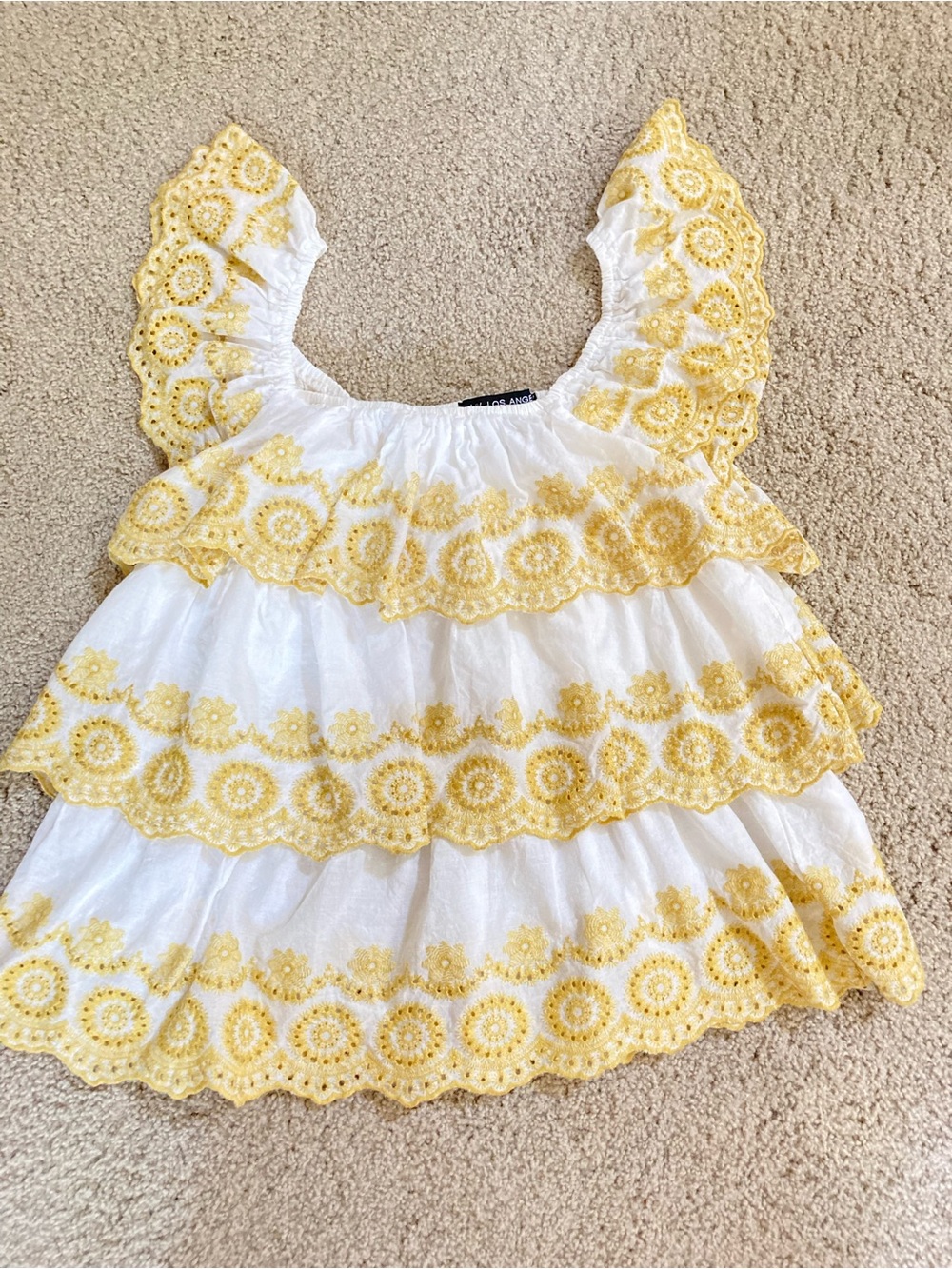 LIV Los Angeles White Yellow Embroidered Tiered 💯 %Cotton Top - Small - Picture 4 of 5